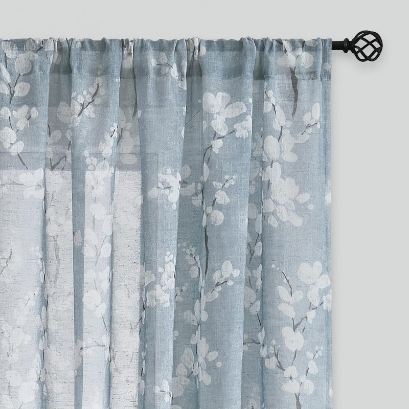 FMFUNCTEX Linen Sheer Curtains for Bedroom, Blue White Blossom Print Curtains 63 Inch Length for Living Room, Floral Patterned Farmhouse Curtain Light Filtering Window Drapes 2 Panels, Rod Pocket - Image 1